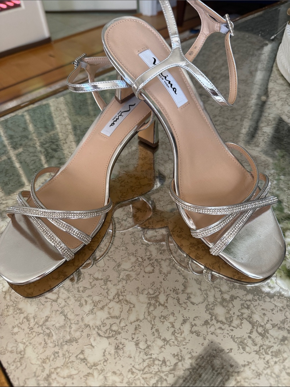 Nina Metallic Silver Crystal-Strap Low Block Heels